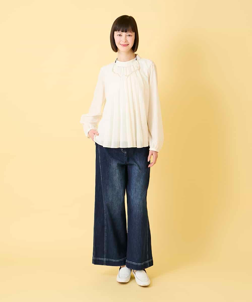 RLBED50280 HIROKO BIS GRANDE(ヒロコ ビス グランデ) 【大きいサイズ】スタンドカラーかまぼこプリーツブラウス /洗える チャコールブラウン