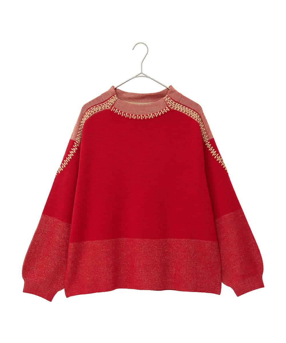 RLFAD35360 HIROKO BIS GRANDE(ヒロコ ビス グランデ) 【大きいサイズ】プレーティング刺繍ニットプルオーバー レッド