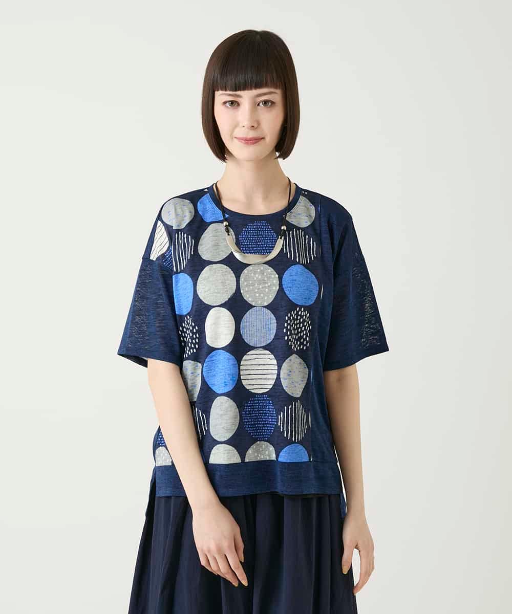 RLKGE35230 HIROKO BIS GRANDE(ヒロコ ビス グランデ) 【大きいサイズ】カラフルパターンドットTシャツ /洗濯機で洗える ネイビー