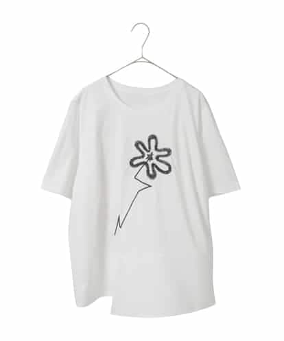 RLKIE11210  【大きいサイズ/接触冷感】異素材切り替えフラワー刺繍デザインTシャツ /洗える