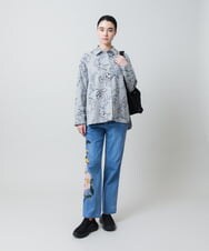 RSJEE27540 TRUNK HIROKO KOSHINO(ヒロココシノ) ストライプフラワーワイドシルエットシャツ /洗える グレー×ホワイト