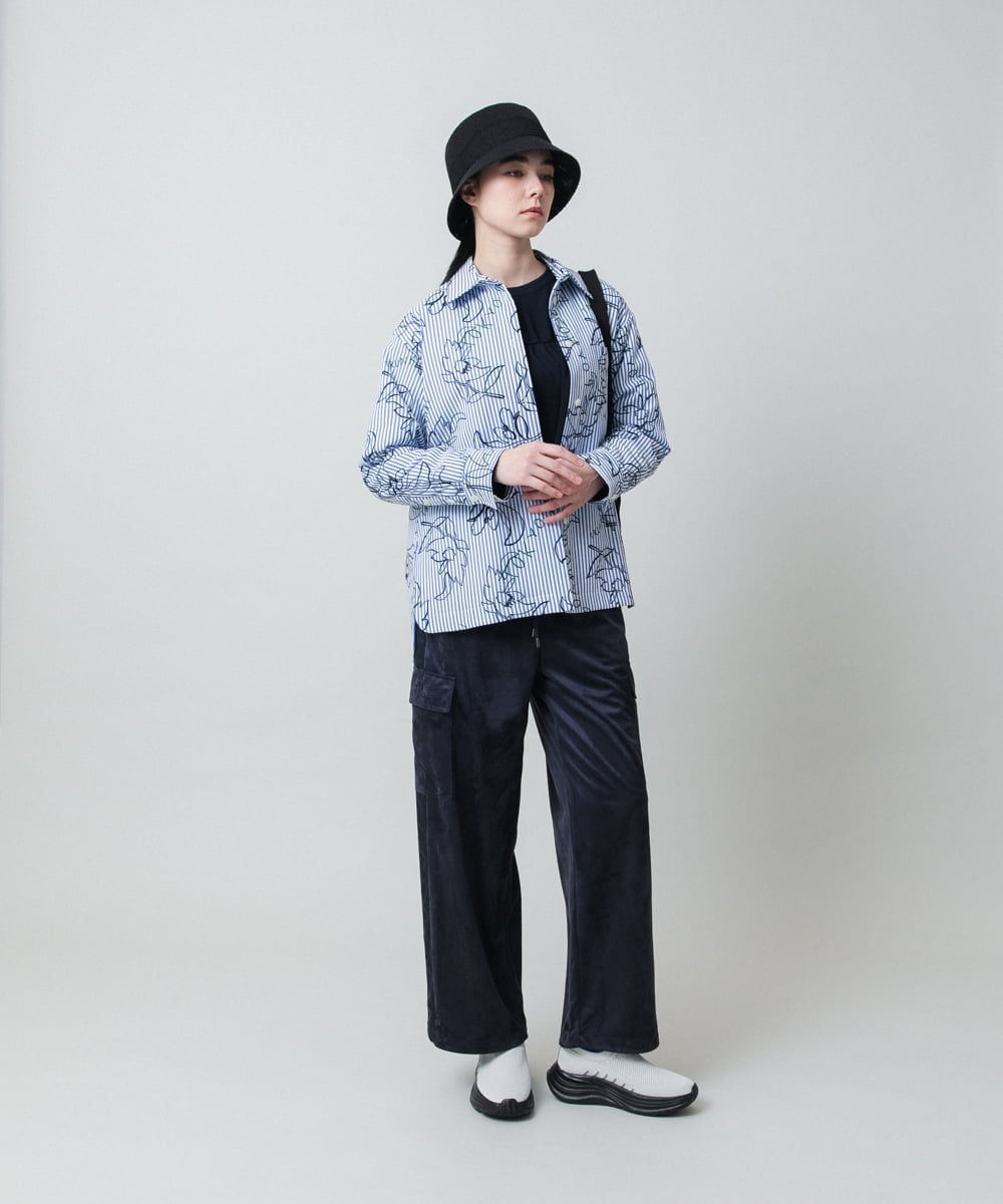 RSJEE27540 TRUNK HIROKO KOSHINO(ヒロココシノ) ストライプフラワーワイドシルエットシャツ /洗える グレー×ホワイト