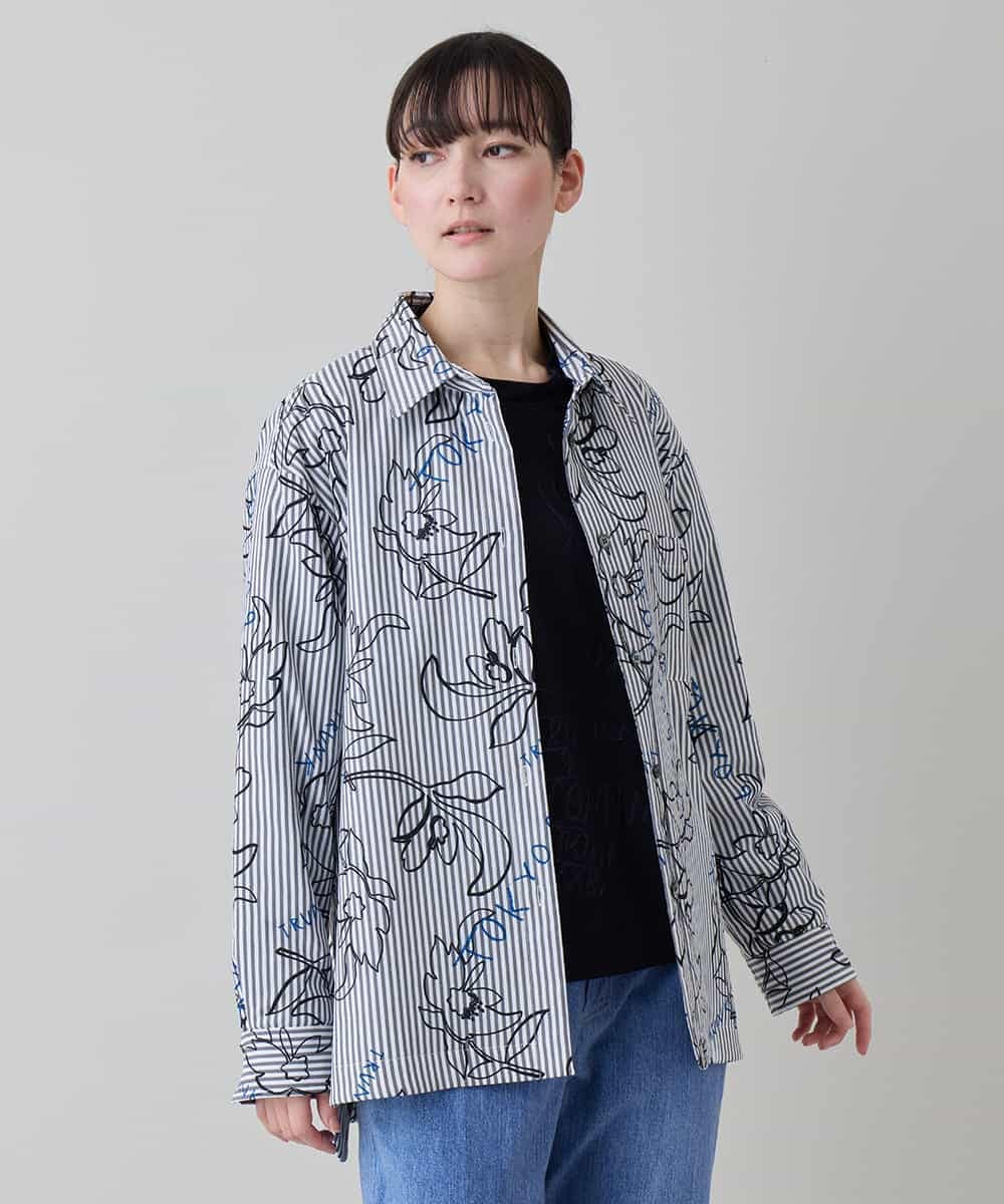 RSJEE27540 TRUNK HIROKO KOSHINO(ヒロココシノ) ストライプフラワーワイドシルエットシャツ /洗える グレー×ホワイト