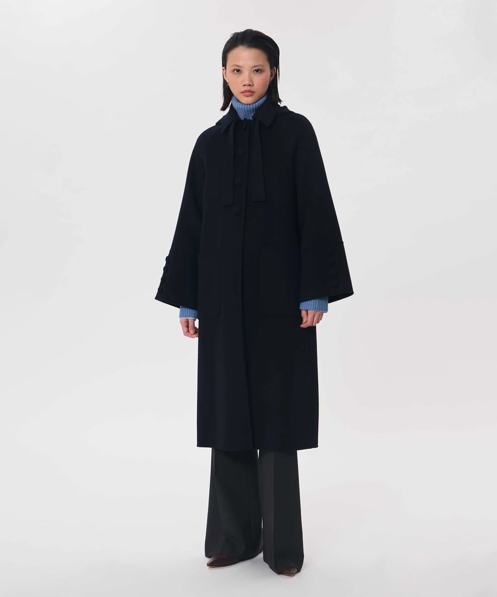 VZUAG08940 TARA JARMON(タラ ジャーモン) タイカラーダブルフェイスロングコート ミッドナイトブルー