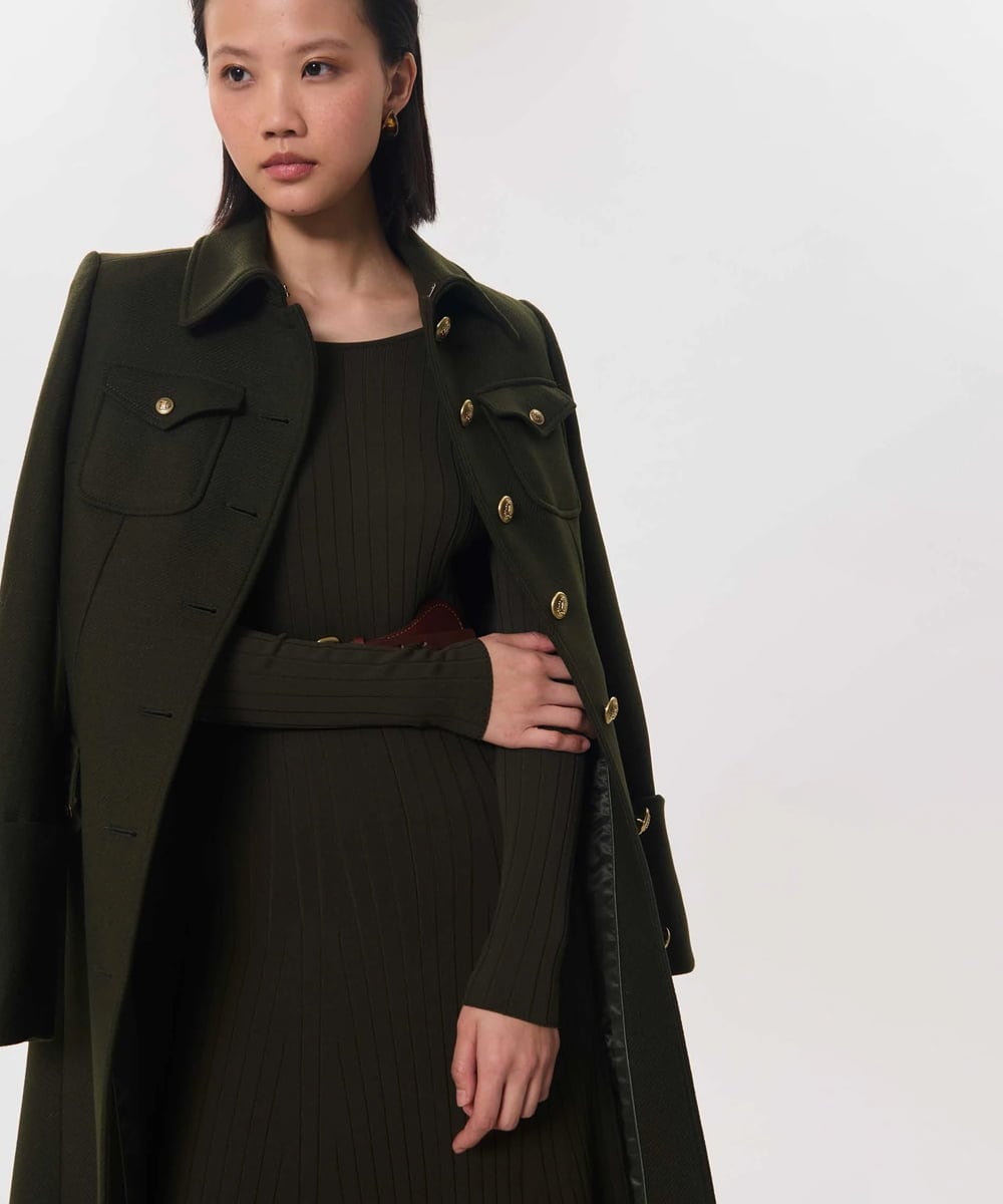 VZUAG09920 TARA JARMON(タラ ジャーモン) ミリタリーベルテッドロングコート カーキ