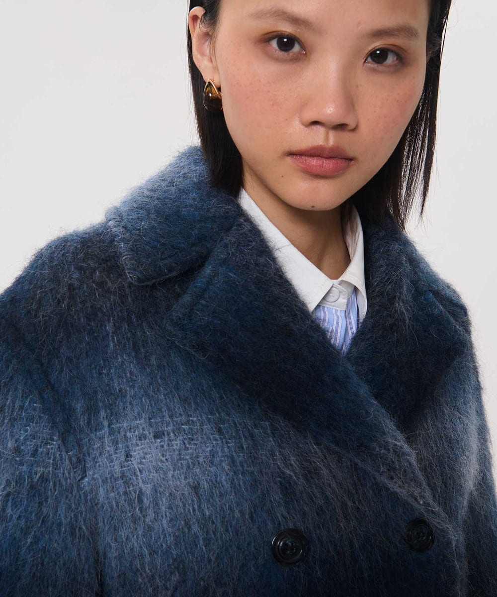 VZUAG12920 TARA JARMON(タラ ジャーモン) ファーリーチェックコート ネイビーブルー