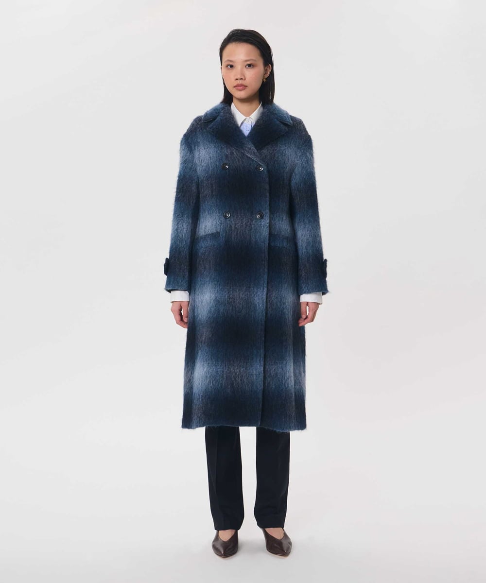VZUAG12920 TARA JARMON(タラ ジャーモン) ファーリーチェックコート ネイビーブルー