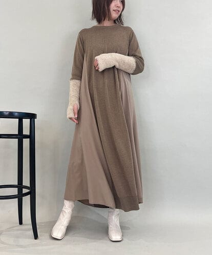 ZMECE38180  異素材切り替えニットワンピース