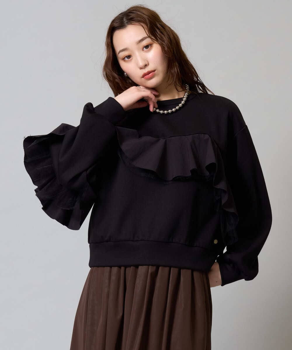 ZMKAH30170 al'aise modulation(アレーズモジュレーション) フリルアクセントカットソー ブラック