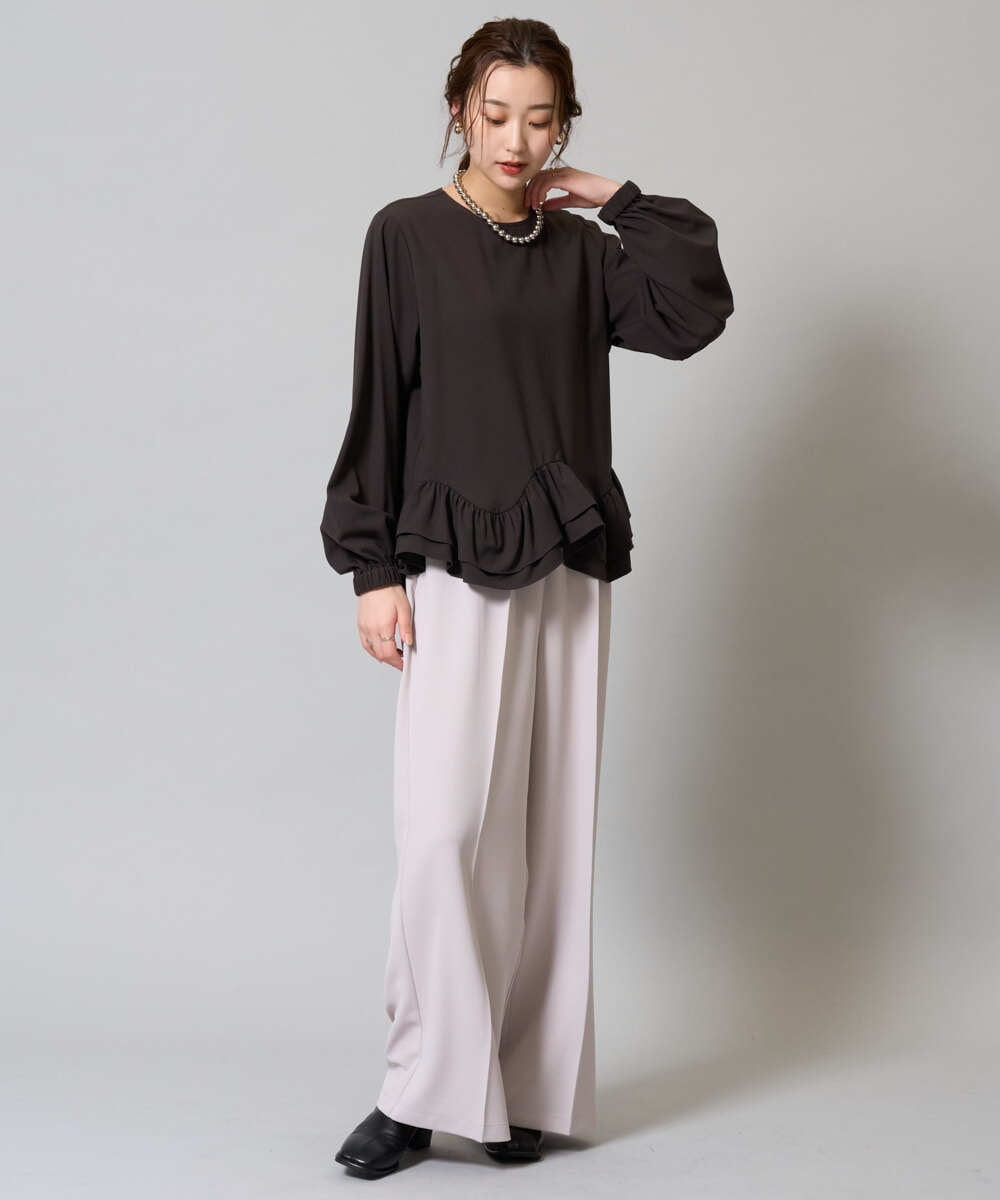 ZMLAH10110 al'aise modulation(アレーズモジュレーション) 【洗える】ウエストゴムセンタープレスワイドパンツ ライトグレー